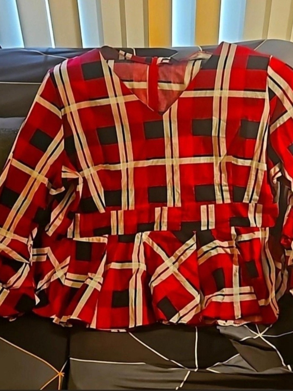 Ashley Stewart Red Plaid Peplum Top